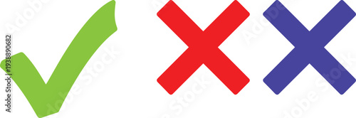 Check mark and cross symbol vector illustration, green approval, red disapproval, blue incorrect, evaluation icon, testing design, education, art