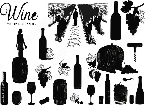 Large set of black silhouettes and sketches for wine production featuring vineyard bottles grapes barrels glasses and winery equipment for restaurant or cellar branding