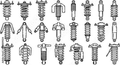 Black and White Line Art Automotive Shock Absorbers and Coil Springs Vector Icons Set - Car Suspension Components Illustration
