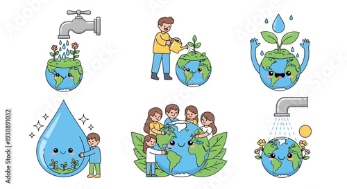 Caring for the earth illustrations of watering plants and environmental protection