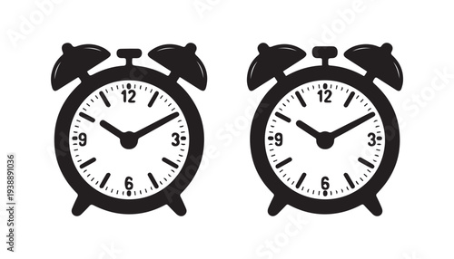 black color alarm clock set of silhouette vector illustration, solid white background