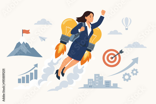 Businesswoman Flying with Light Bulb Jetpack for Innovation and Creativity to Boost Productivity and Reach Career Success Goals, Motivation for Startup Growth, Leadership and Vision Concept