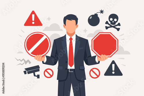 Businessman Holding Stop and Prohibition Signs with Warning Icons like Bomb, Skull, and Security Camera. Concept of Risk Management, Compliance, Security, Forbidden Actions, and Legal Restriction.