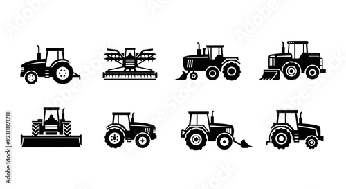 Minimal farm equipment silhouette vector set featuring 4 agricultural machinery variations including tractor, combine harvester, circular emblem tractor badge, and plow farming tool.
