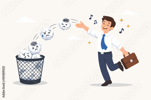 Happy Businessman Throwing Away Negative Emotions, Work Stress, and Anxiety into a Trash Bin, Concept of Releasing Mental Pressure and Sadness to Achieve Happiness, Joy, and Peace of Mind at Work