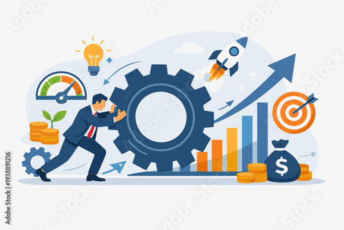 Businessman pushing a giant gear to drive business growth and efficiency. Illustration featuring a rocket, lightbulb, bar chart, target, and money symbols for performance optimization and success.