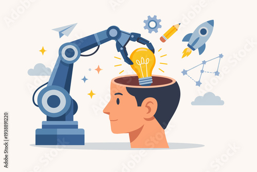 Conceptual vector illustration of a robotic arm placing a glowing lightbulb into an open human head, symbolizing innovation, artificial intelligence, creative thinking, and skill acquisition for