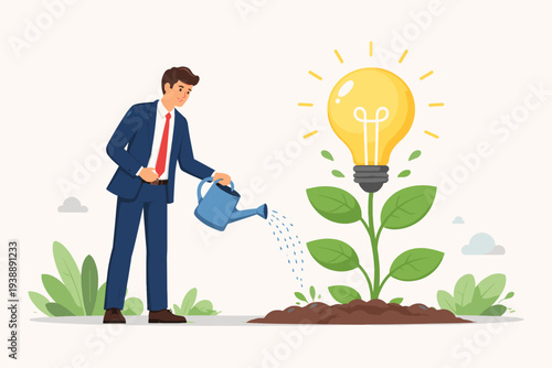 Professional businessman watering a plant with a bright lightbulb flower representing innovation, creative growth, nurturing new ideas, business development, and entrepreneurial success concept.