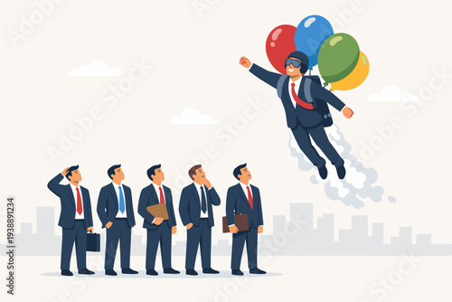 Businessman Flying with Jetpack and Balloons Above a Line of Surprised Colleagues, Concept of Innovation, Career Success, Standing Out from the Crowd, Leadership, and Creative Business Strategy.