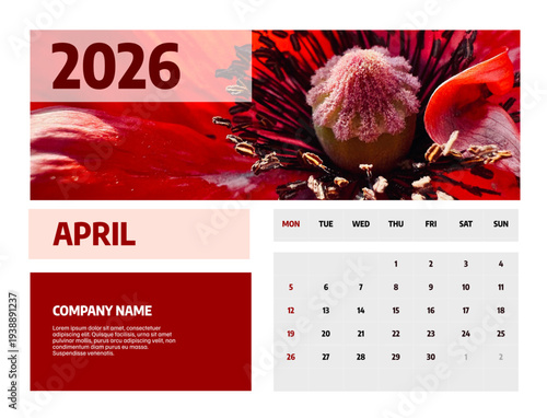 Letter calendar for  april 2026. The week begins on Sunday. Time, planning, schedule concept, and includes notes. Flat design. Removable calendar for the month. Vector illustration.