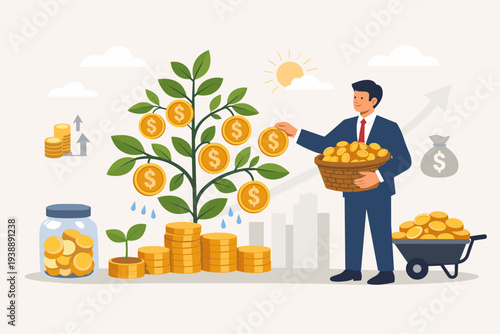 Businessman Harvesting Gold Coins from a Money Tree for Investment Growth, Wealth Management, and Savings to Gain Interest, Passive Income, and Harvest Profit in Financial Success Concept.
