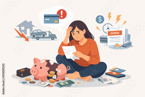 Sad Woman Dealing with Financial Crisis, Bankruptcy, and Debt, Looking at Overdue Bills next to a Broken Piggy Bank, Credit Card Problems, and Asset Repossession in Flat Vector Illustration.