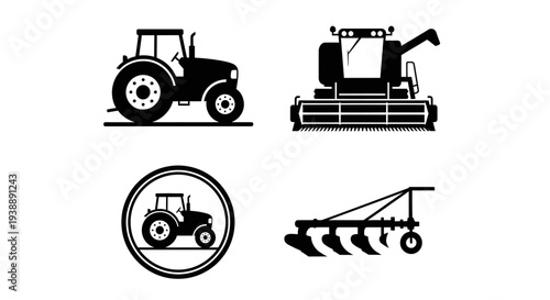 Minimal farm equipment silhouette vector set featuring 4 agricultural machinery variations including tractor, combine harvester, circular emblem tractor badge, and plow farming tool.