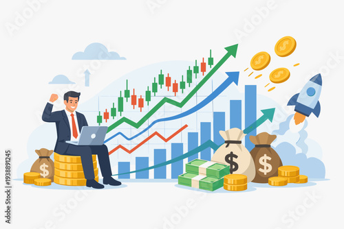 Successful businessman trader making profit from stock market or forex trading with financial chart, candlestick graph, money bags, and rocket launch for business growth and investment success.