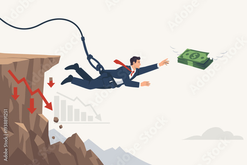 Businessman Bungee Jumping Off Cliff Reaching for Flying Money, Investment Risk and Financial Challenge Concept, Stock Market Crash, Greed and Fear in Trading, Economic Crisis and Adversity
