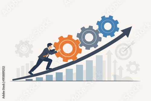 Businessman in suit pushing a large gear up a rising arrow graph to improve efficiency and productivity, symbolizing business process optimization, performance growth, and strategic success.