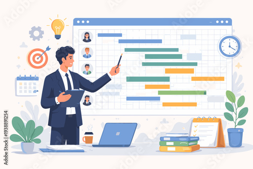 Professional project manager pointing at Gantt chart for task scheduling, resource allocation, and timeline planning, business strategy development, team management, and deadline tracking.
