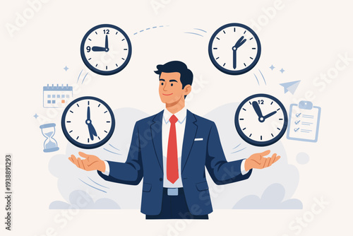 Businessman Juggling Clocks for Effective Time Management, Productivity Expert Planning Work Schedule and Deadlines, Professional Multitasking with Calendar, Hourglass and Checklist Icons.