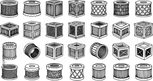 Automotive and Industrial Filters Black  White Line Art Hand-Drawn Collection for Vehicle Maintenance and Engineering Design