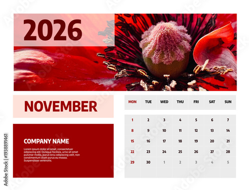 Letter calendar for  november 2026. The week begins on Sunday. Time, planning, schedule concept, and includes notes. Flat design. Removable calendar for the month. Vector illustration.