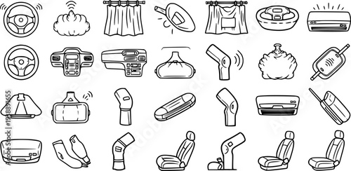 Automotive Car Parts and Accessories Black and White Line Art Vector Icons Set. Outline Pictograms for Vehicle Interior and Technology Elements.