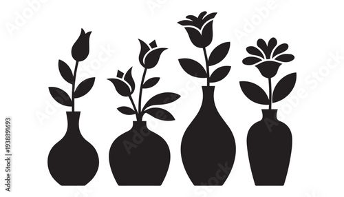 black color vase flower set of silhouette vector illustration, solid white background