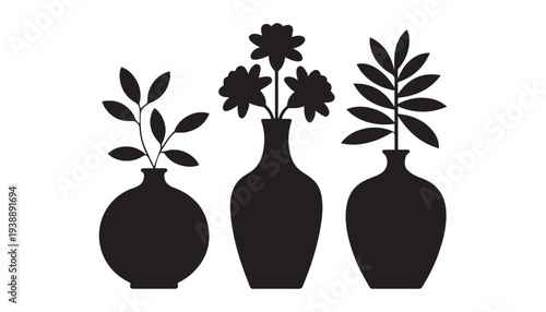 black color vase flower set of silhouette vector illustration, solid white background