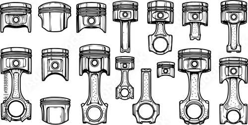 Automotive Pistons and Connecting Rods Line Art Set. Detailed Black and White Hand Drawn Vector Sketch of Engine Parts, Car Mechanics, and Engineering.