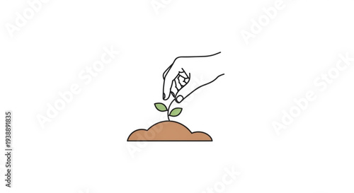Hand planting a small green sprout in brown soil symbolizing growth and nurturing in a simple line drawing