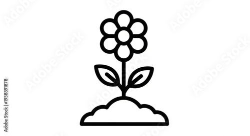 Simple line art flower growing from ground with leaves and petals minimalist style icon