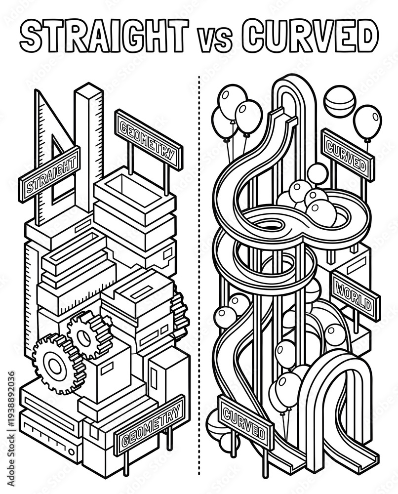 Obraz premium Isometric opposites adjectives illustrations for kids vocabulary and ESL learning Comparative Illustration of Straight vs Curved Geometric Worlds Playful isometric learning graphics for classroom 