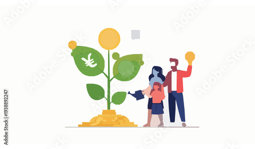 Family growing money plant financial success wealth growth flat vector illustration