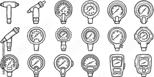 Automotive Tire Pressure Gauges and Air Inflator Tools Line Art Vector Icons Set