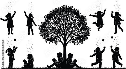Children playing and reading under tree silhouette, happy kids activity, jumping playing learning outdoor scene flat vector illustration