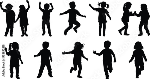 children, kids, silhouettes, childhood, playful, happy, jumping, dancing, running, fun, activity, people, youth, energy, movement, friends, playtime, freedom, joy, vector