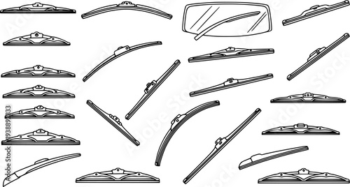 Black and White Line Art Collection of Various Car Windshield Wiper Blades and a Car Window