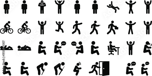 Comprehensive stick figure silhouette set featuring people walking, cycling, working, sitting, and diverse daily activities, isolated vector icons for professional projects