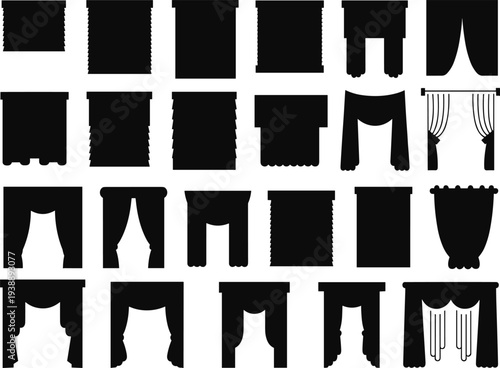 Set of black silhouettes for various window curtains and blinds featuring drapes shutters and home interior decoration elements for room design