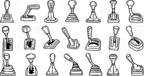 Automotive Gear Shifts Vector Line Art Collection. Hand-Drawn Black and White Car Transmission Shifters and Levers Icon Set in Doodle Style.