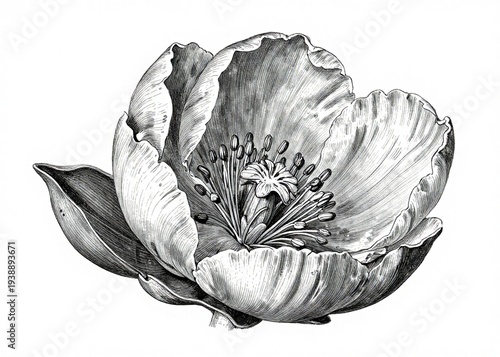 A 3d art illustration of a white lotus flower and sketch isolated on white paper decoration with black nature beauty object elements