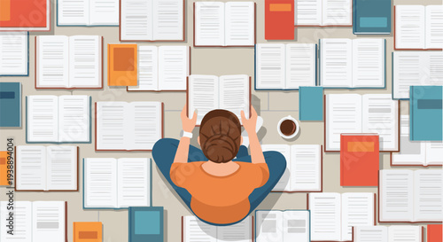 Person immersed in a sea of knowledge, diligently studying and reading numerous open books from an overhead perspective, symbolizing extensive learning, academic pursuit, and intellectual growth
