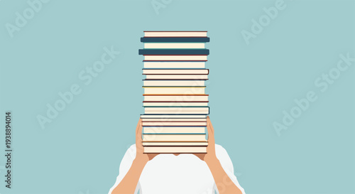 Minimalist illustration of a person holding an immense stack of diverse books, symbolizing the profound journey of learning, the vastness of knowledge, and the dedicated pursuit of education