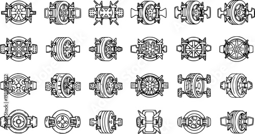 Automotive Vehicle Wheels and Car Parts Line Art Illustration Set. Black and White Outline Drawing of Various Tire and Rim Components.