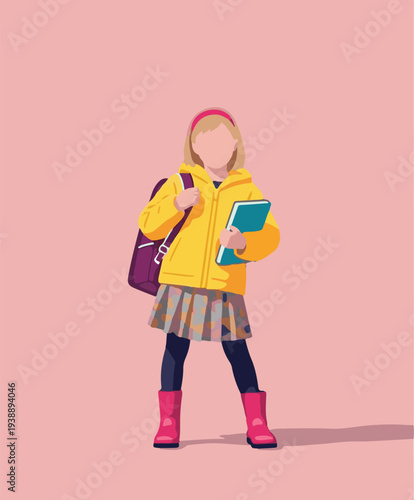 A young girl in a yellow raincoat and pink boots stands confidently holding a book and a backpack, ready for a day of learning and adventure