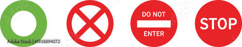traffic stop and prohibition sign icons set, do not enter symbol, warning road signs collection, safety regulation symbol, flat vector illustration