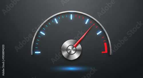 High speed meter gauge with red needle pointing to maximum value on a dark background, indicating high performance and intense action from a front viewpoint, captured as a 3D rendered image