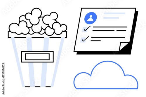 Popcorn container, user profile checklist, and cloud outline suggest leisure, organization, and cloud computing. Ideal for media, technology, streaming, organization online activity data storage