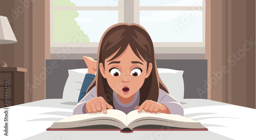 An amazed young girl with wide eyes lies on a bed and reads a book, her fingers pointing to the page as she takes in the story