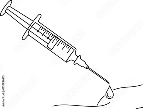 Simple line art drawing depicts a medical syringe administering a precise dose or vaccination onto human skin surface.