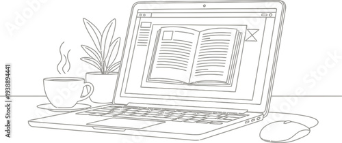 Minimalist line art drawing of a laptop displaying an open digital book alongside a steaming cup and houseplant